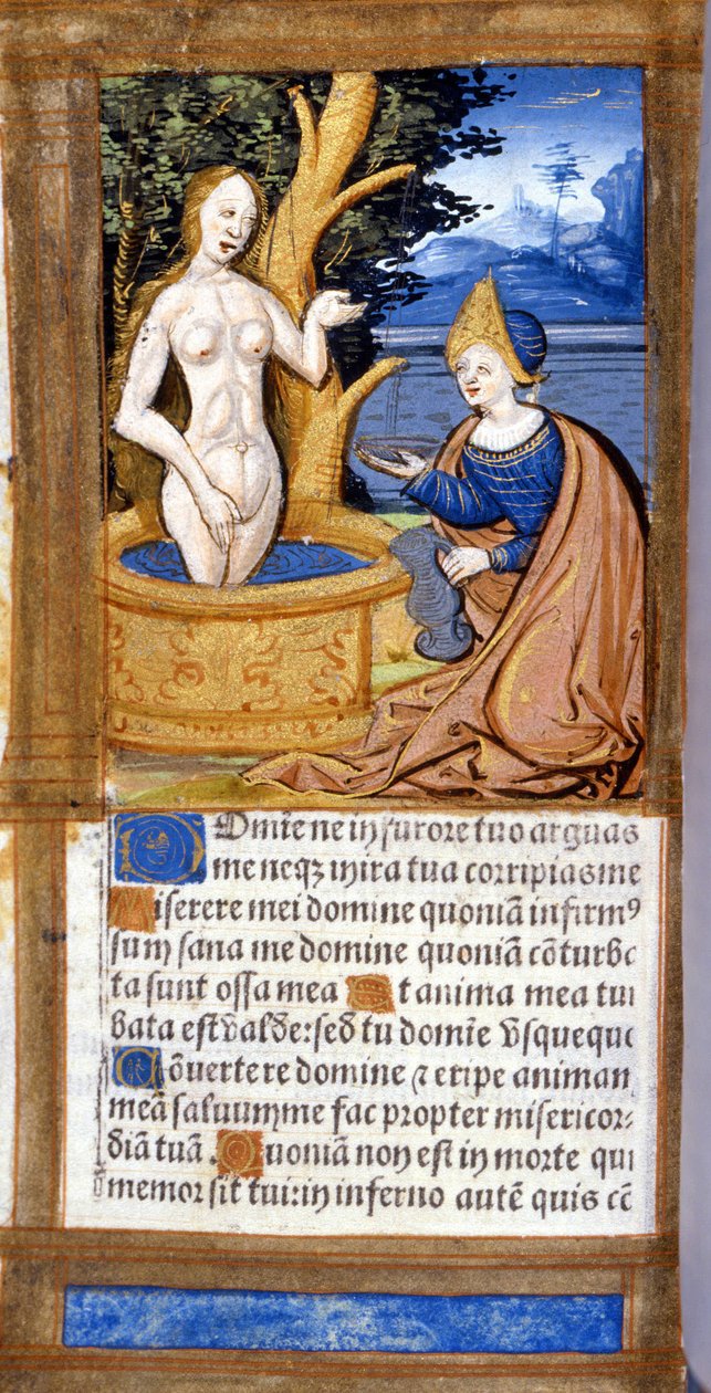 Kobieta w toalecie. Strona rękopisu z Pięcioksięgu. XV wiek. Biblia Braiden, Mediolan. autorstwa Unknown artist