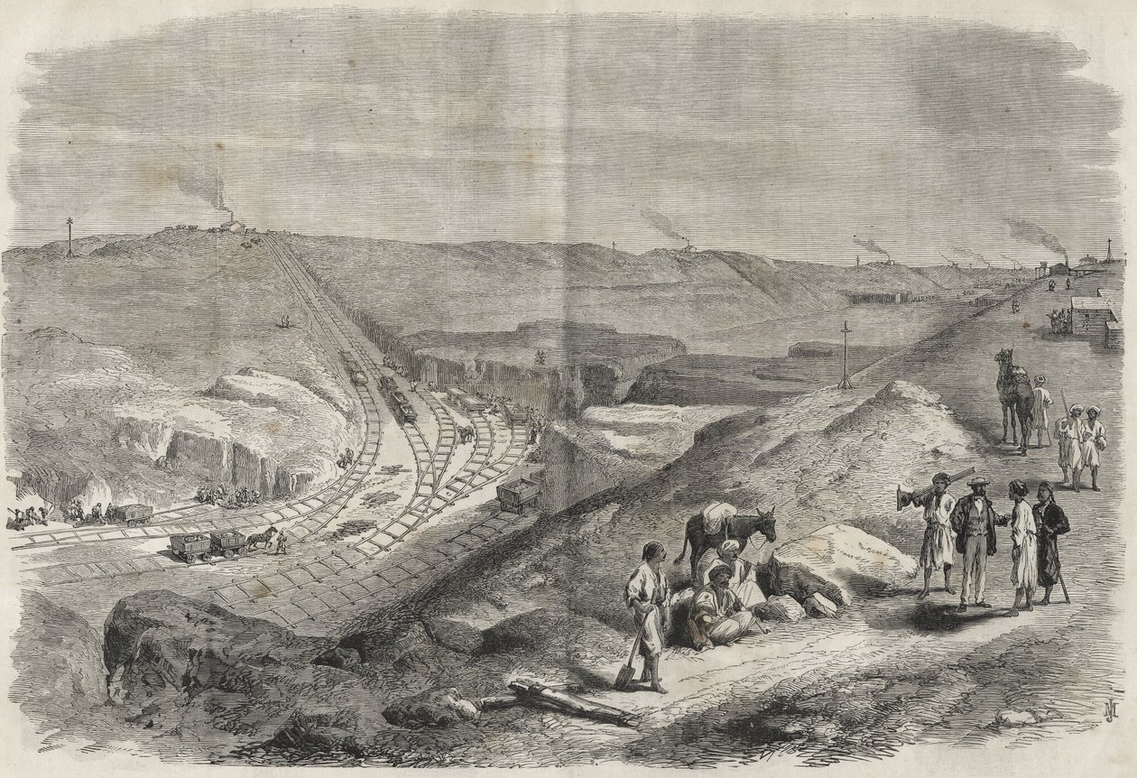 Prace na Kanale Sueskim 1864 - Budowa i prace wiertnicze na Kanale Sueskim w 1864 (Chaluf Tranchee) - autorstwa Unknown artist