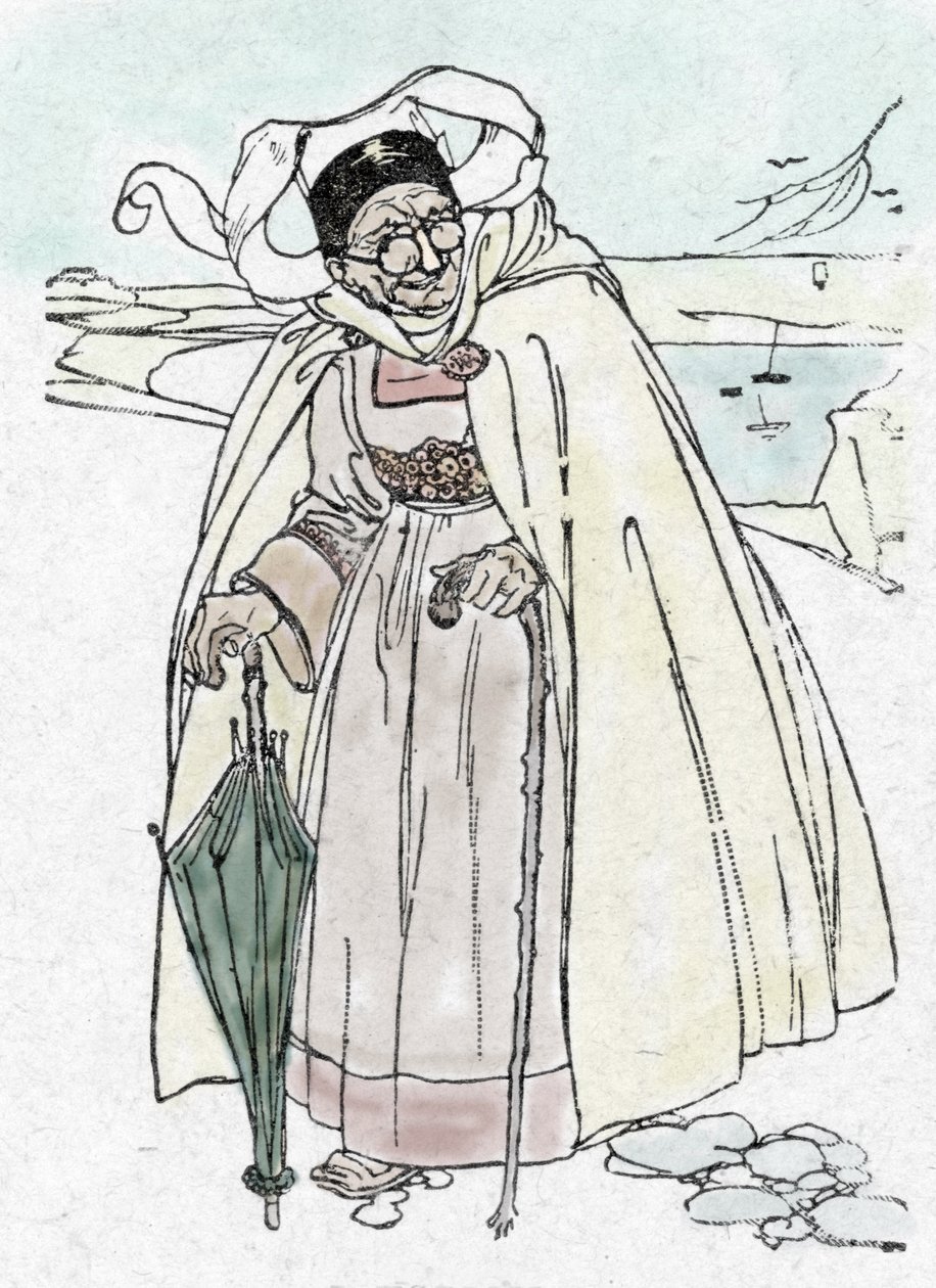 I wojna światowa: niemiecki szpieg przebrany za starą kobietę z wendei, z parasolką i laską, która robi zdjęcia autorstwa Unknown Artist