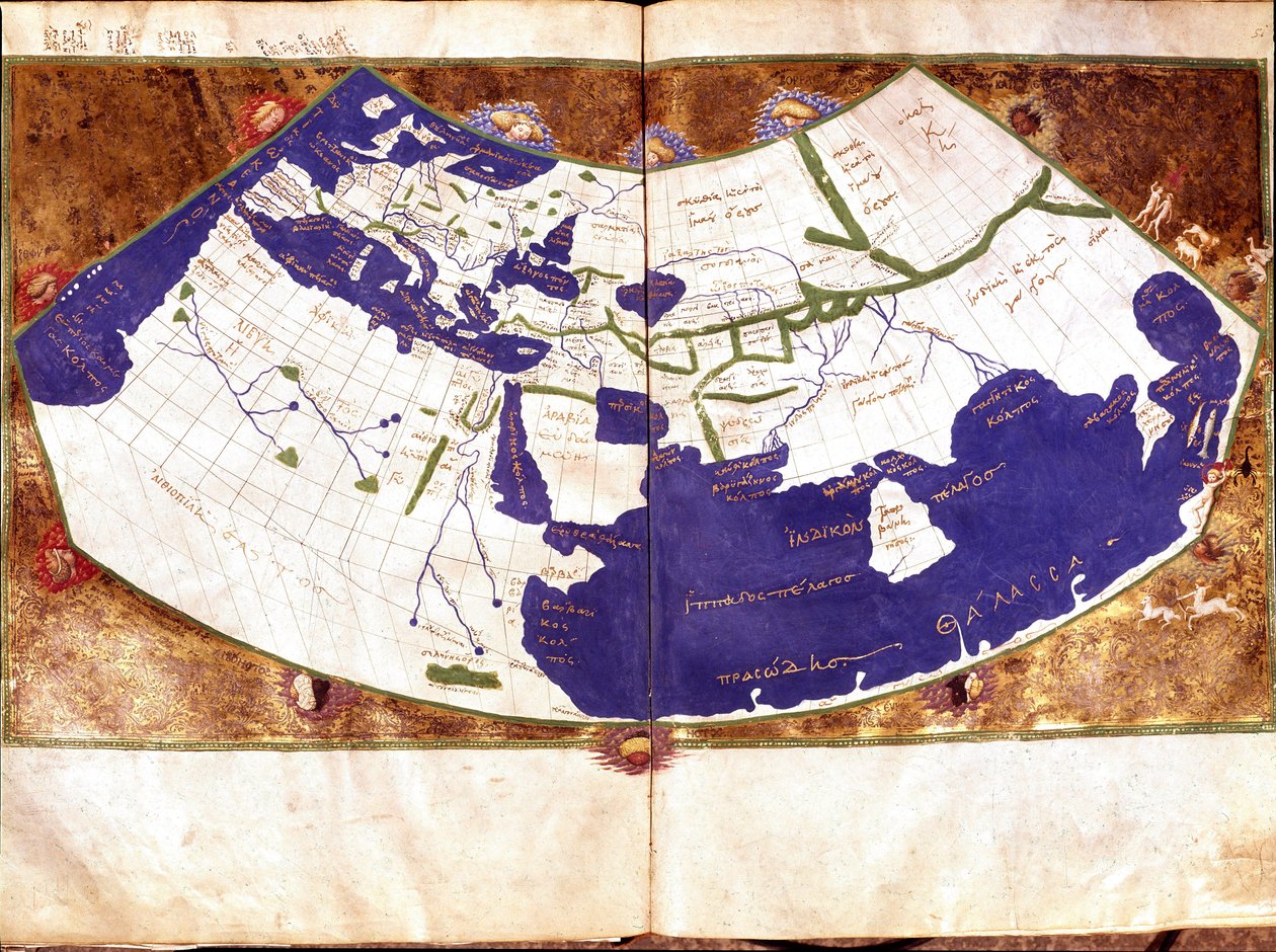 Mapa świata Klaudiusza Ptolemeusza (Claude Ptolemee, 90-168 ap JC), greckiego astronoma i astrologa - Reprezentacja płaskiej Ziemi bez bieguna północnego i południowego oraz bez Ameryki Zawiera - Rękopis XV w. - Wenecja, Biblioteca Marciana autorstwa Unknown artist