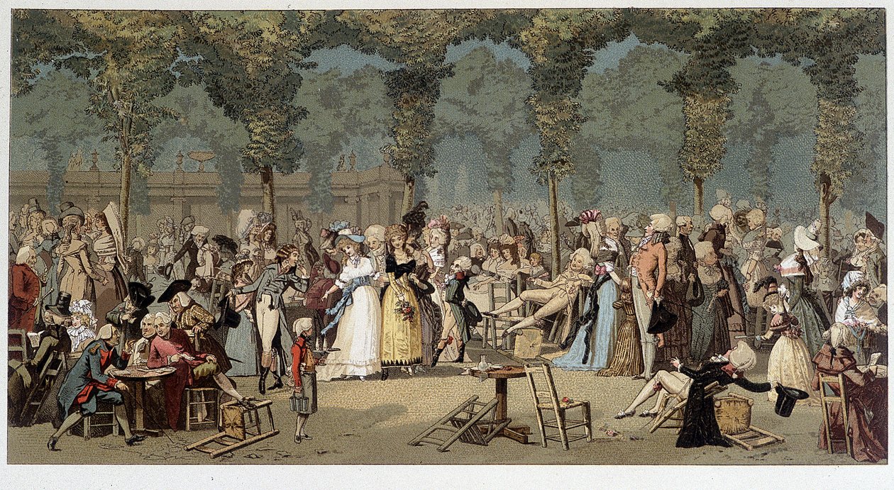 Światowy spacer po ogrodach Pałacu Królewskiego, koniec XVIII wieku - chromo według ryciny Debucourt autorstwa Unknown artist