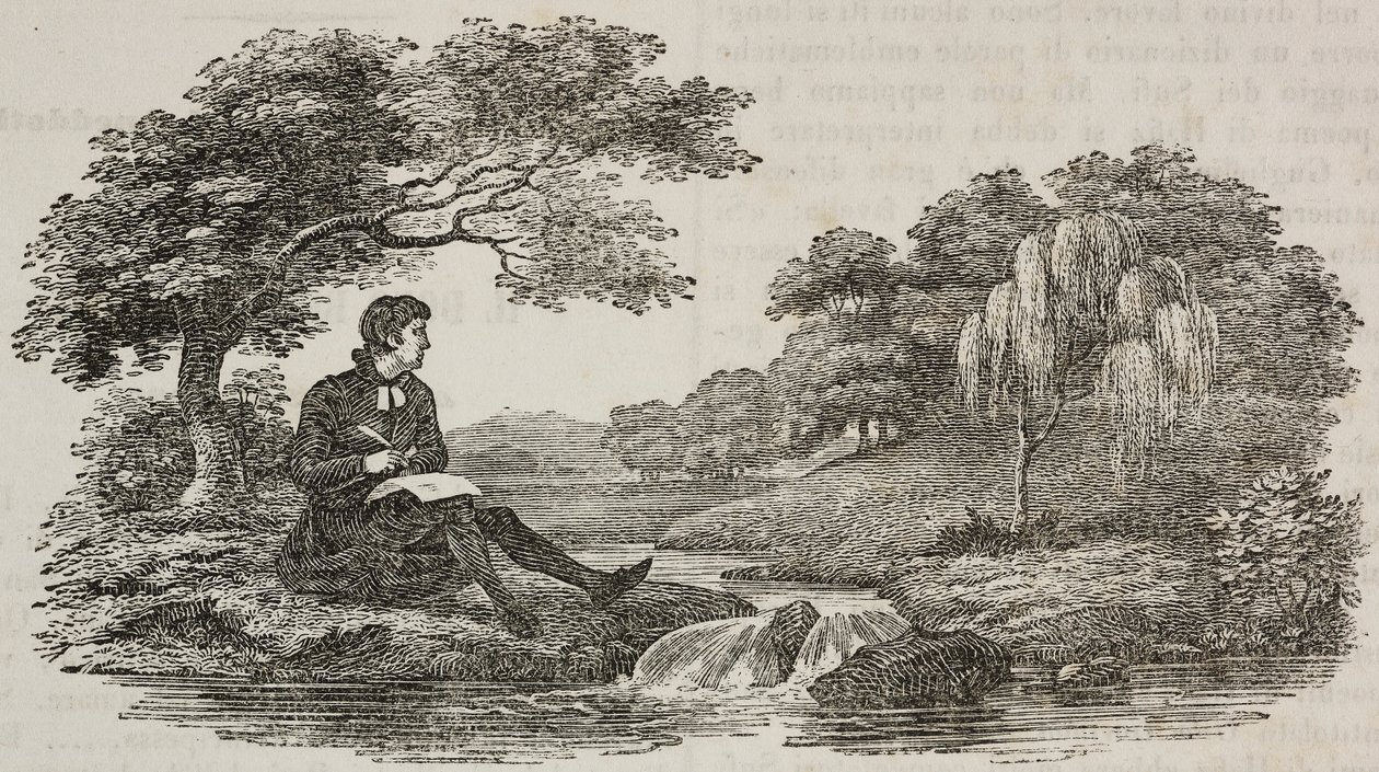 Pisarz pod drzewem nad strumieniem, ilustracja z Teatru Powszechnego, zbiór encyklopedyczny i scenograficzny, nr 575, 19 lipca autorstwa Unknown artist