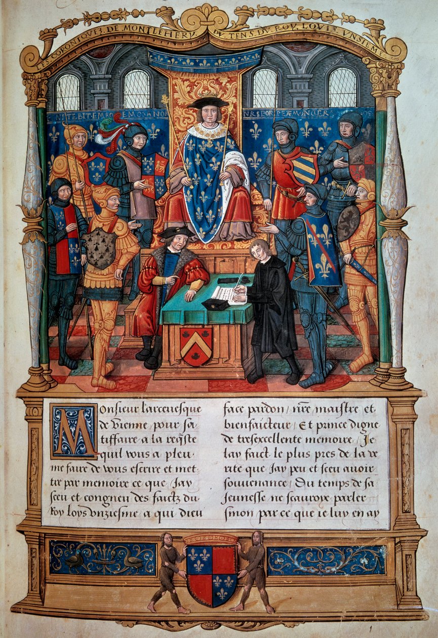 Napisanie biografii: „” Philippe de Comines (Comynes lub Comines) (1447-1511) dyktuje swoje pomniki przed Ludwikiem XI”” Miniatura zaczerpnięta z „”Memoires de Philippe de Comynes”” 1489-1498 Paryż, B.N. autorstwa Unknown artist
