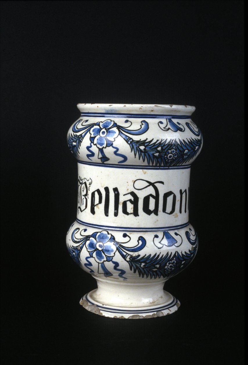 XVI wieczny garnek apteczny zawierający Belladonna, toksyczne zioło stosowane w farmacji. Muzeum Nauki i Techniki, Mediolan. autorstwa Unknown artist
