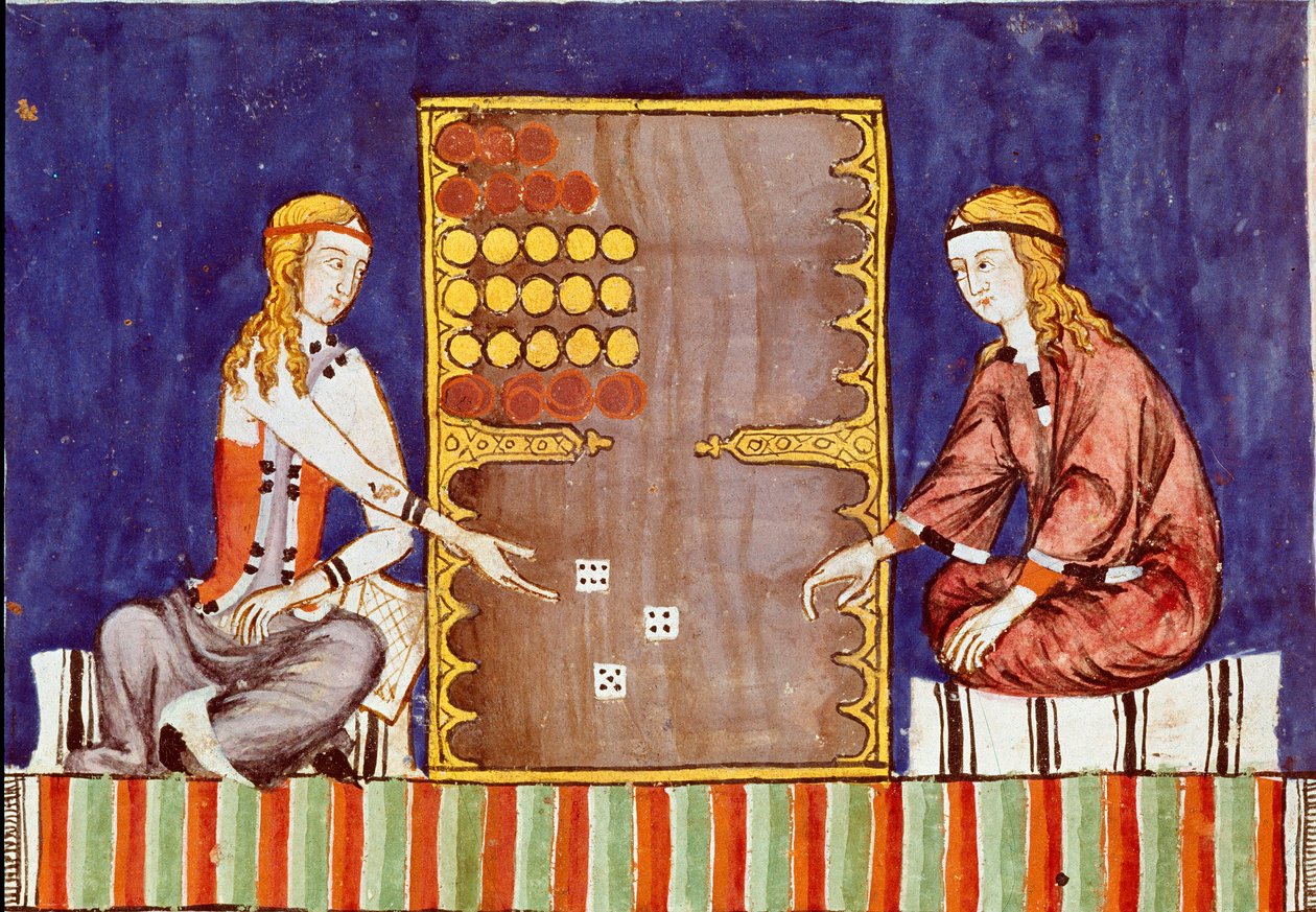 Młode kobiety grające tric trac (tri-trac), przodek Backgammona - Miniatura z rękopisu „Libro de los juegos” Alfonsa X Mądrego lub Savanta (po hiszpańsku Alfonso X el Sabio autorstwa Unknown artist