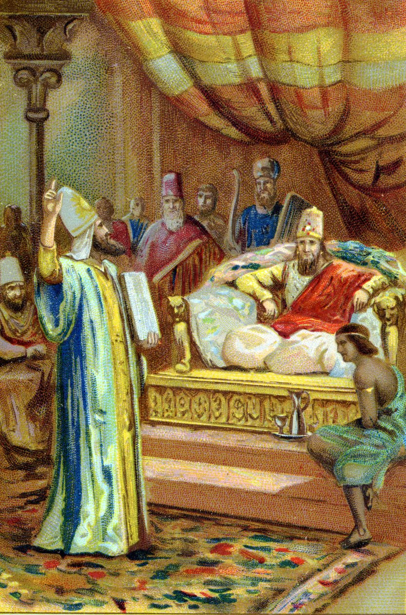 Zaratustra (Zaratustra, Zaratusztra, Zaratustra lub Zoroastrianin), irański prorok i reformator religijny (VI wpne) na dworze króla Bactres. chromolitografia z XIX wieku. autorstwa Unknown artist