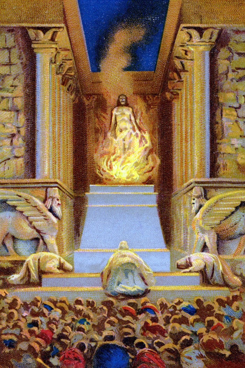 Zaratustra (Zaratustra, Zaratusztra, Zaratustra lub Zoroaster) zginął w świątyni otoczonej płomieniem. Chromolitografia z XIX wieku. autorstwa Unknown artist