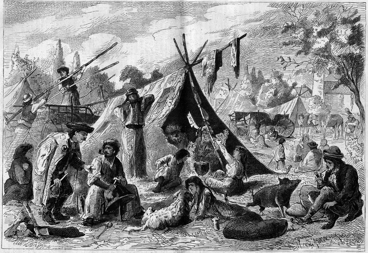Obóz Zingari (obóz bohemy) na przedmieściach Wiednia w Austrii w 1873 r. autorstwa Unknown artist