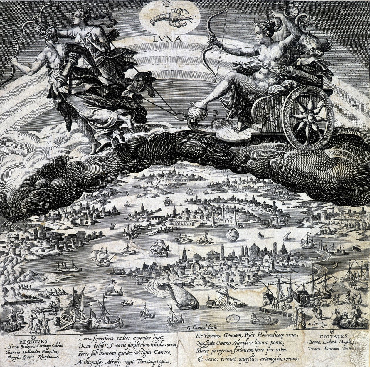 Znak zodiaku rak. Księżyc, reprezentacja czołgu Semelee. Rycina XIX wieku. autorstwa Unknown artist