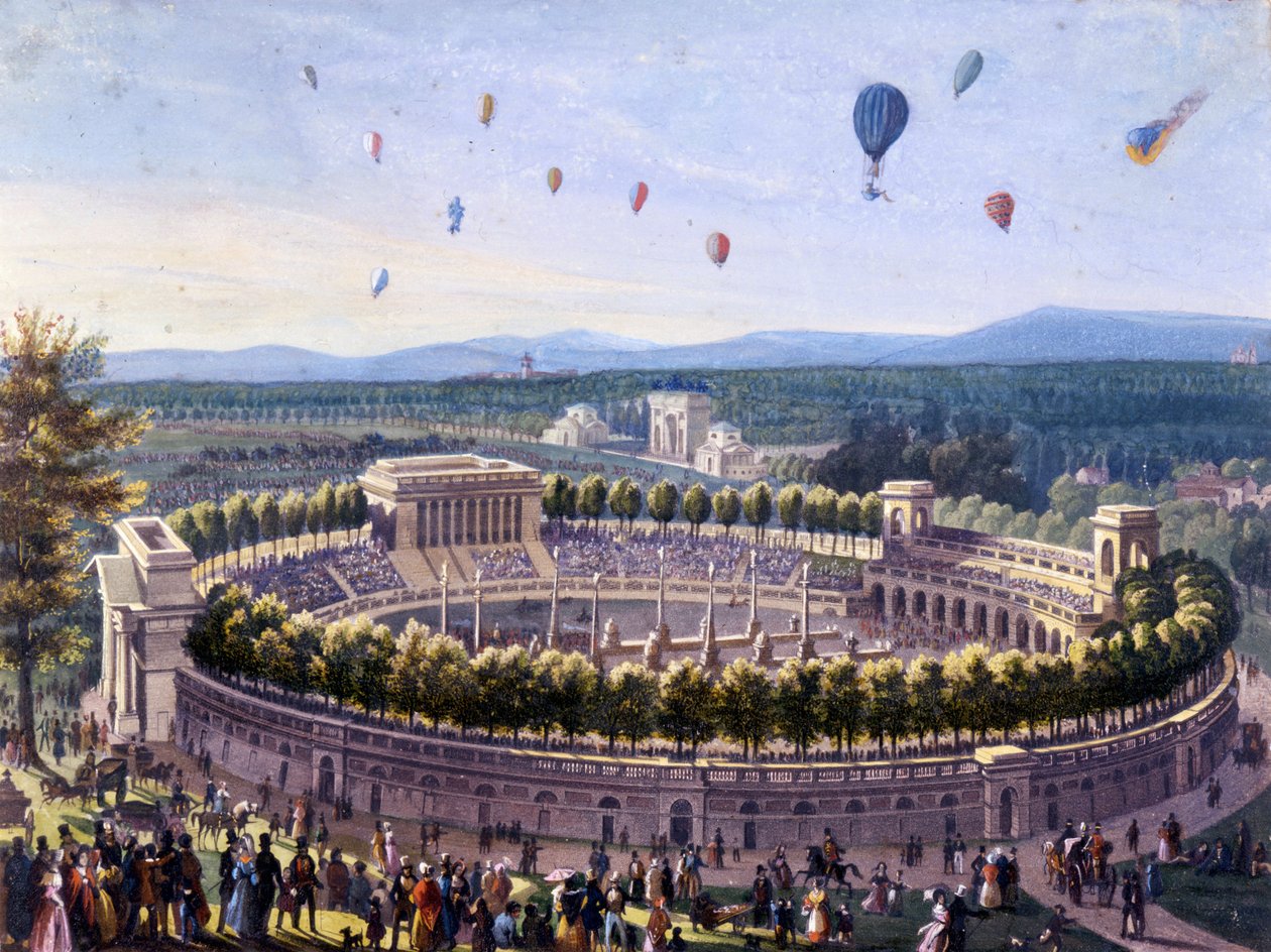 impreza balonowa w Mediolanie w 1830 roku. Anonimowy aquerelle z 1830 roku. autorstwa Unknown artist