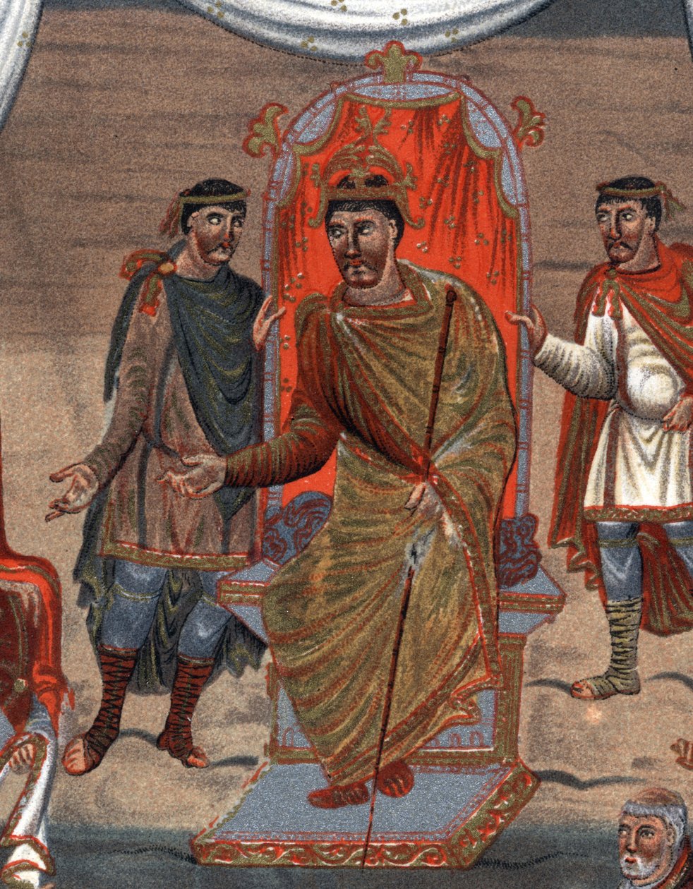 szczegóły dotyczące: Karola II Łysego (823 - 877), króla Francji przyjmującego delegację mnichów z Tours. z Paryża. autorstwa Unknown artist
