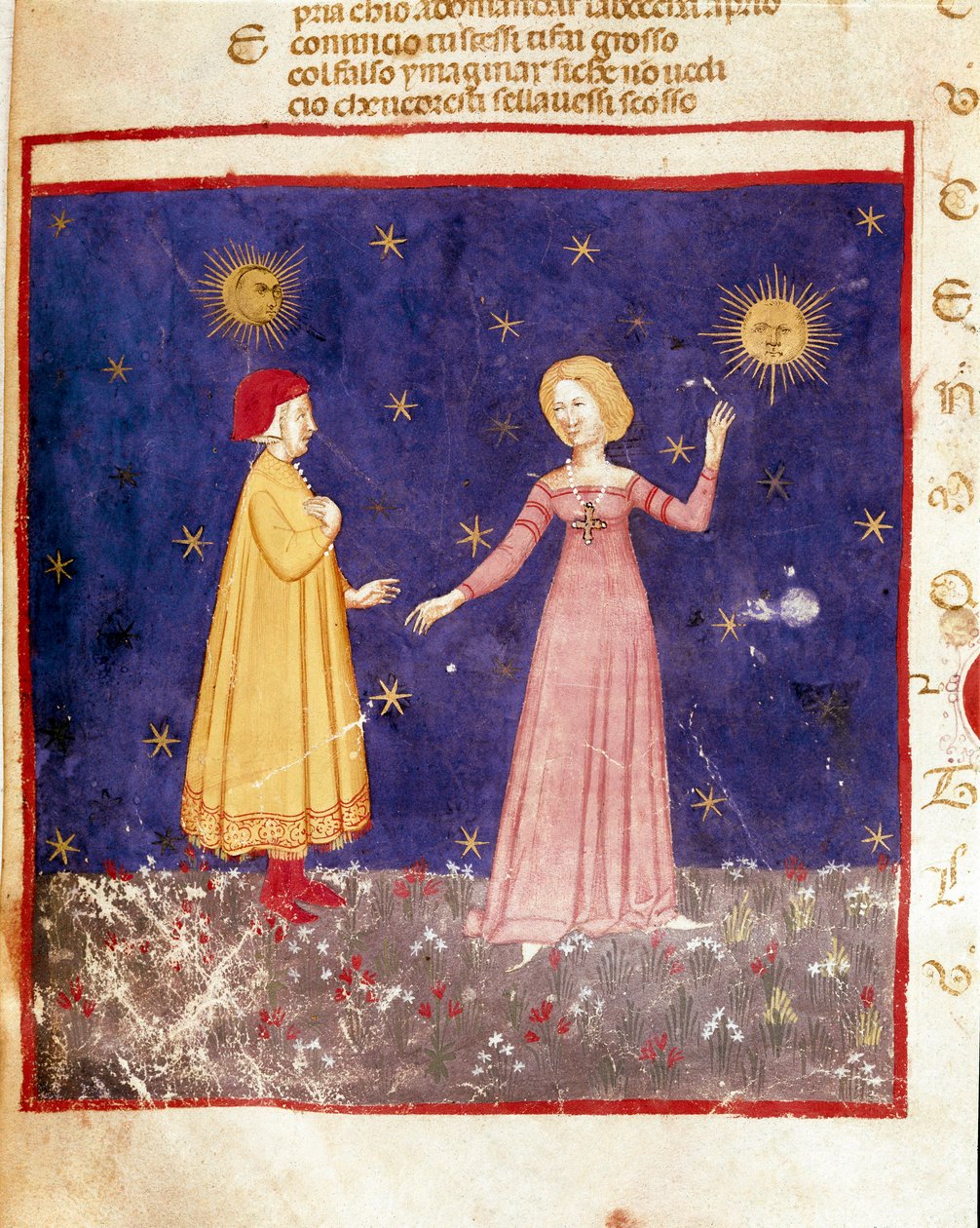 pierwsze niebo: Dante spotyka Beatrice w raju. Podświetlana strona ilustrująca pieśń Paradise z „Divina Commedia” Dante Alighieri (1265-1321). XIV wiek, Wenecja, Biblioteca Marciana autorstwa Unknown artist