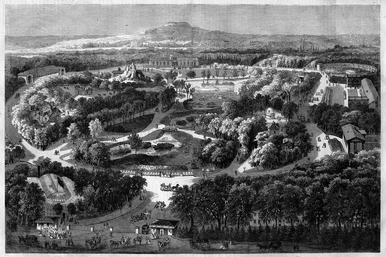 ogólny widok na ogród aklimatyzacji do Lasku Bulońskiego oferowany i zainaugurowany przez Napoleona III w 1860 roku, łączący naturę, bujną florę i egzotyczne zwierzęta, w „” l