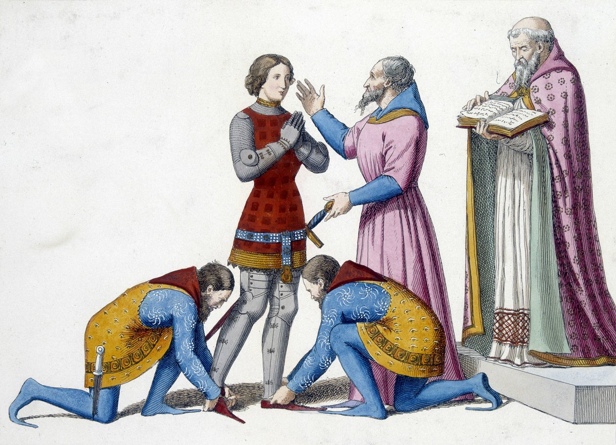 pasowanie na rycerza - Zmiękczenie rycerza we Włoszech w XIV wieku - grawerowanie autorstwa Unknown artist