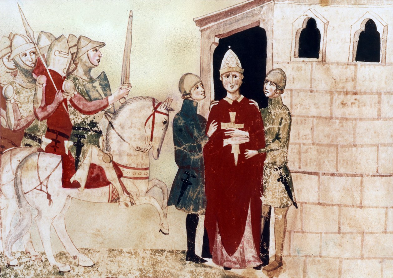 papież Bonifacy VIII (1294-1303) tutaj więzień w Anagni w 1303 r., ilustracja z rękopisu z XIV wieku autorstwa Unknown artist