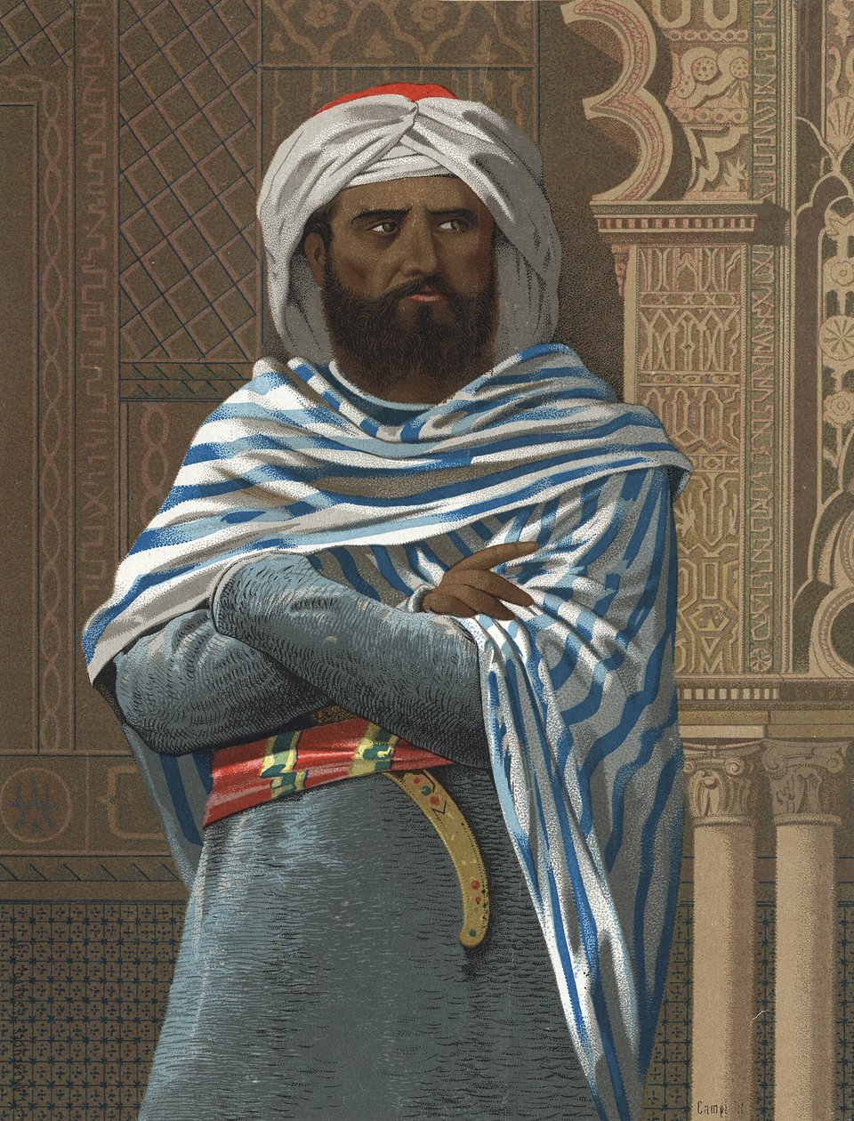 portret Abd ar-Rahmana I. zwanego ad-Dakhil, „Uciekinier” (731 w Kordobie, 788). Emir Kordoby (756-788) po mężczyznach i kobietach. Barcelona 1877. autorstwa Unknown artist