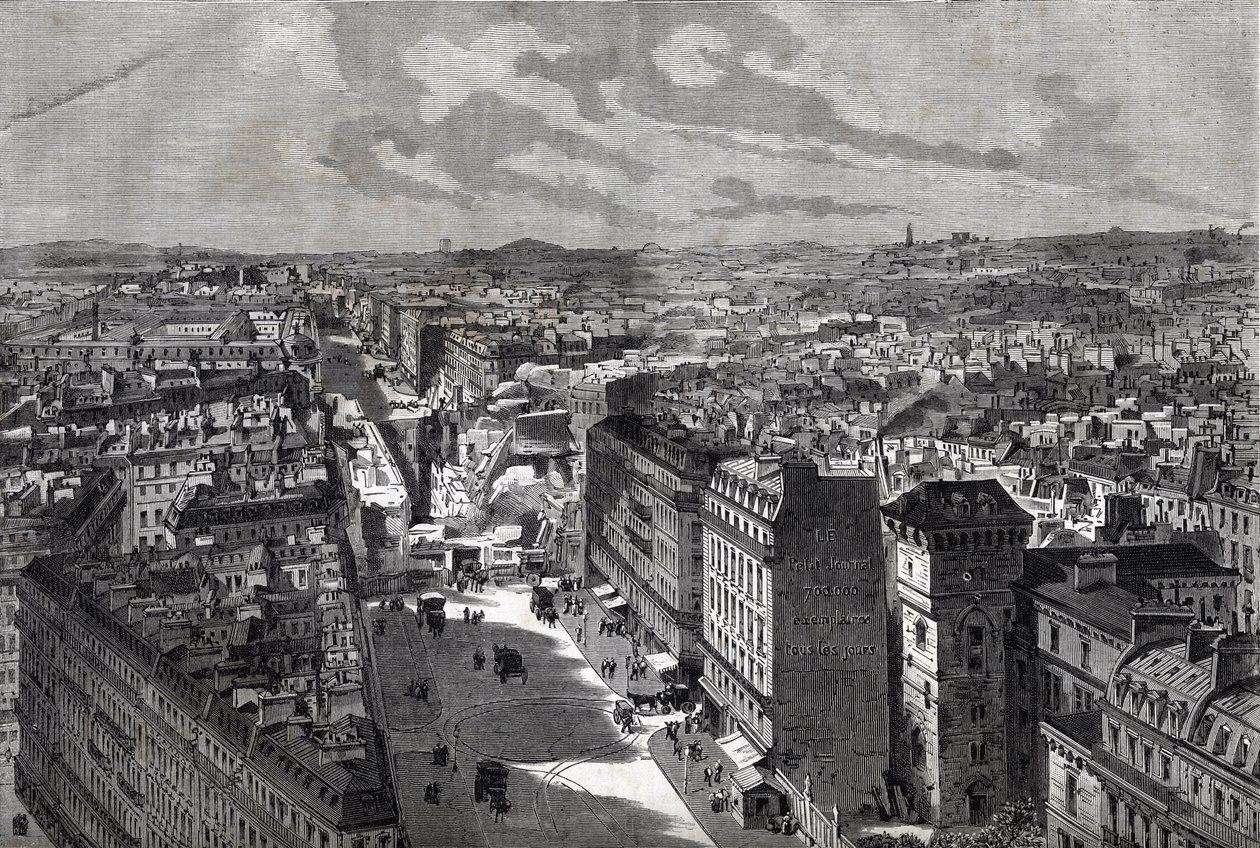 Wielkie Dzieła Haussmanna - Przemiany Paryża w okresie II Cesarstwa, Paris Haussmannien (bulwar, prace Haussmanniena) - Le piercing de rue Etienne Marcel- od rue Turbigo do Place des Victoires - grawer w „Le journal illustrious”” 1 autorstwa Unknown artist