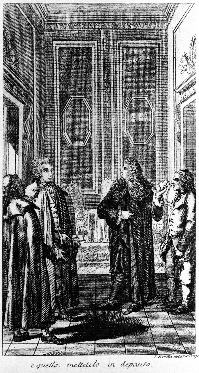 aresztowanie libertyna Giacomo Casanovy (1725-1798) awanturnika i włoskiego pisarza. Rycina XIX wieku autorstwa Unknown artist