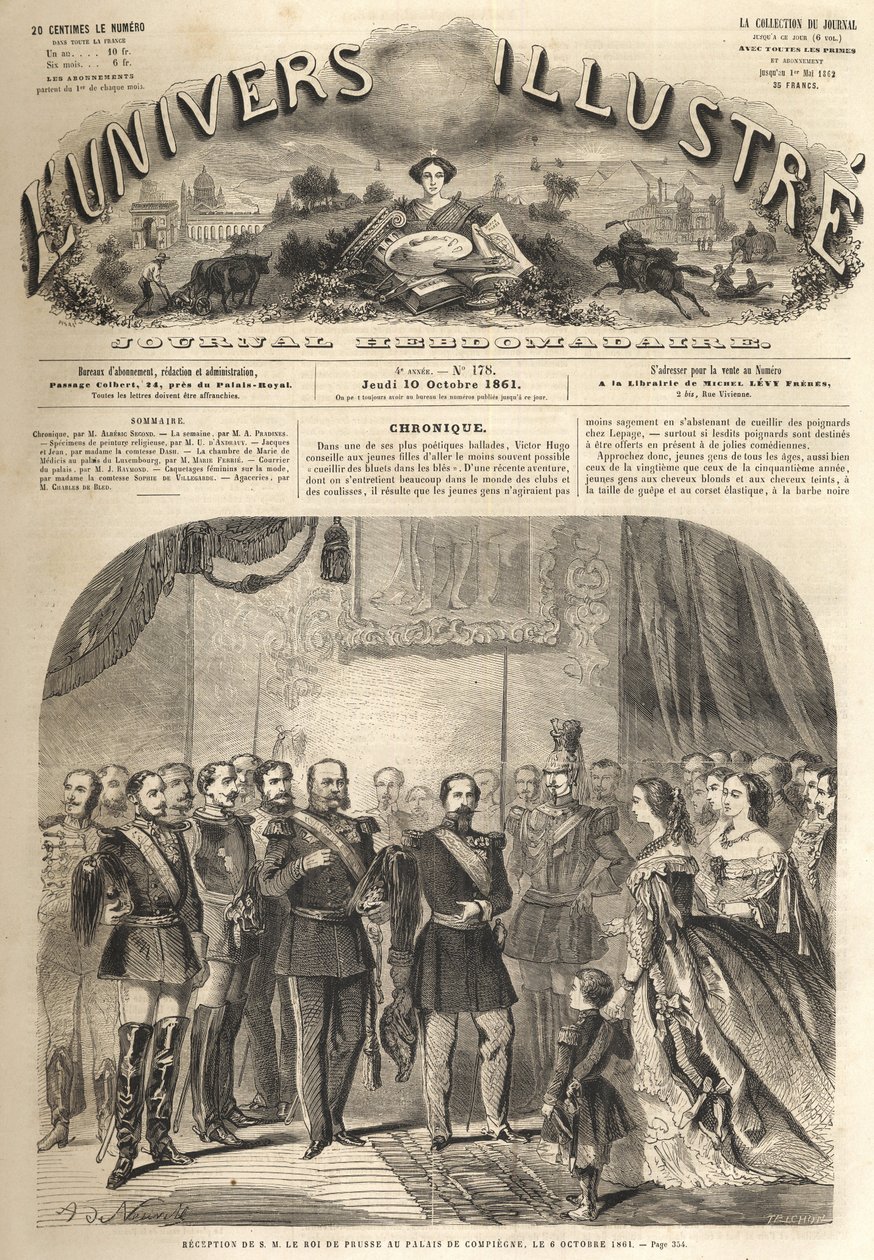wizyta Wilhelma, króla pruskiego, u Napoleona III, cesarza Francuzów, w Compiegne, Francja 1861 - Wizyta Wilhelma I Pruskiego (1797-1888) w Compiegne w obecności Napoleona III - Rycina z „” Znakomity Wszechświat” autorstwa Unknown artist