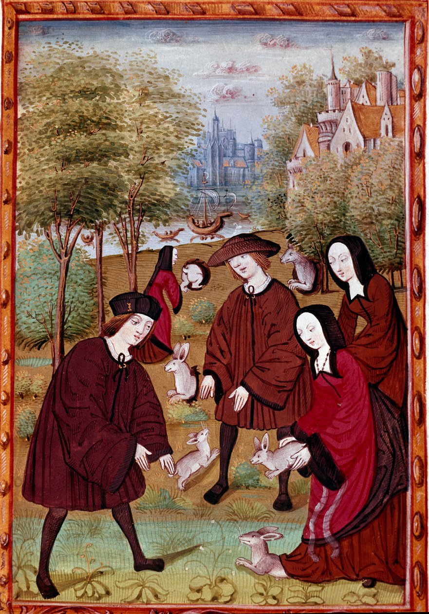 młodzież bawiąca się królikami Miniatura z „Histoire de Jean III de Brush i jego żona Louise de Laval” (ms. 1475) Chantilly, Musee Conde autorstwa Unknown artist