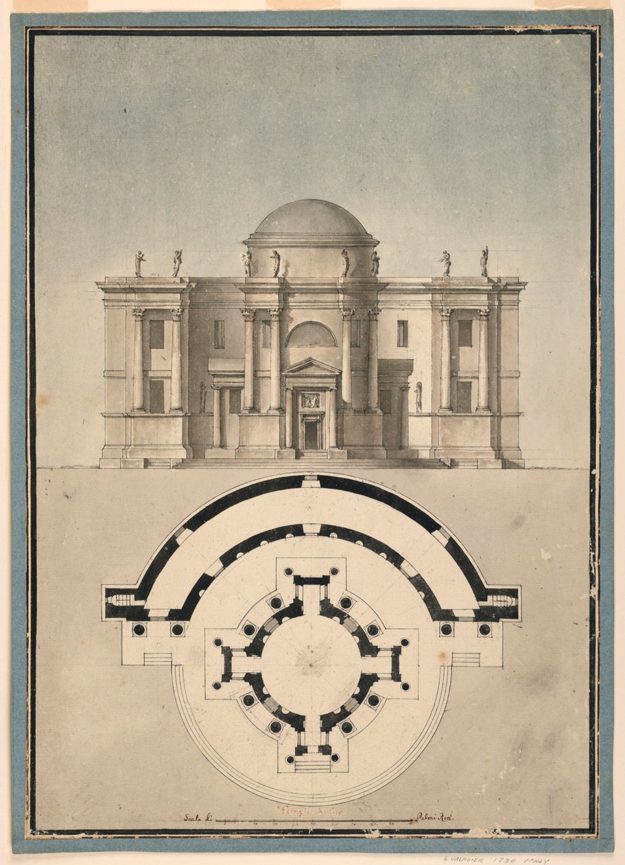 Projekt klasycznej świątyni z tempietto i półkolistym edykułem autorstwa Unknown, Italian