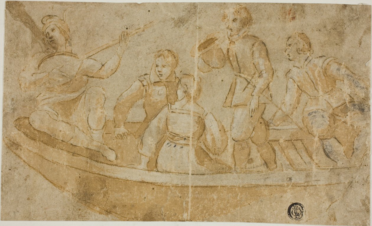 Trzech mężczyzn, kobieta i lutnik w łodzi autorstwa Unknown Italian