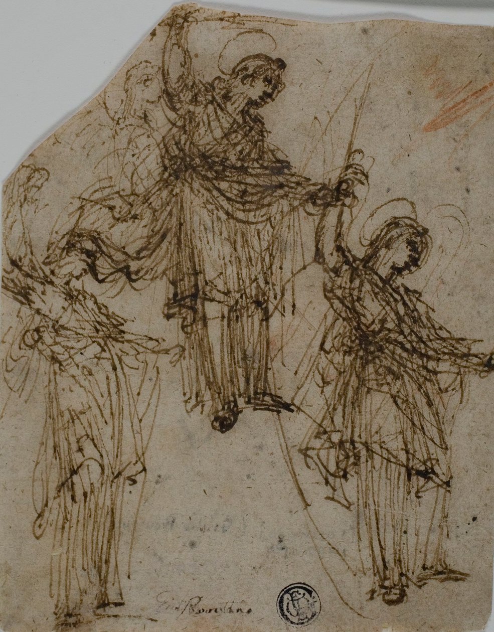 Szkice stojącego świętego trzymającego miecz (recto); Szkice postaci i głów (verso) autorstwa Unknown Lombard