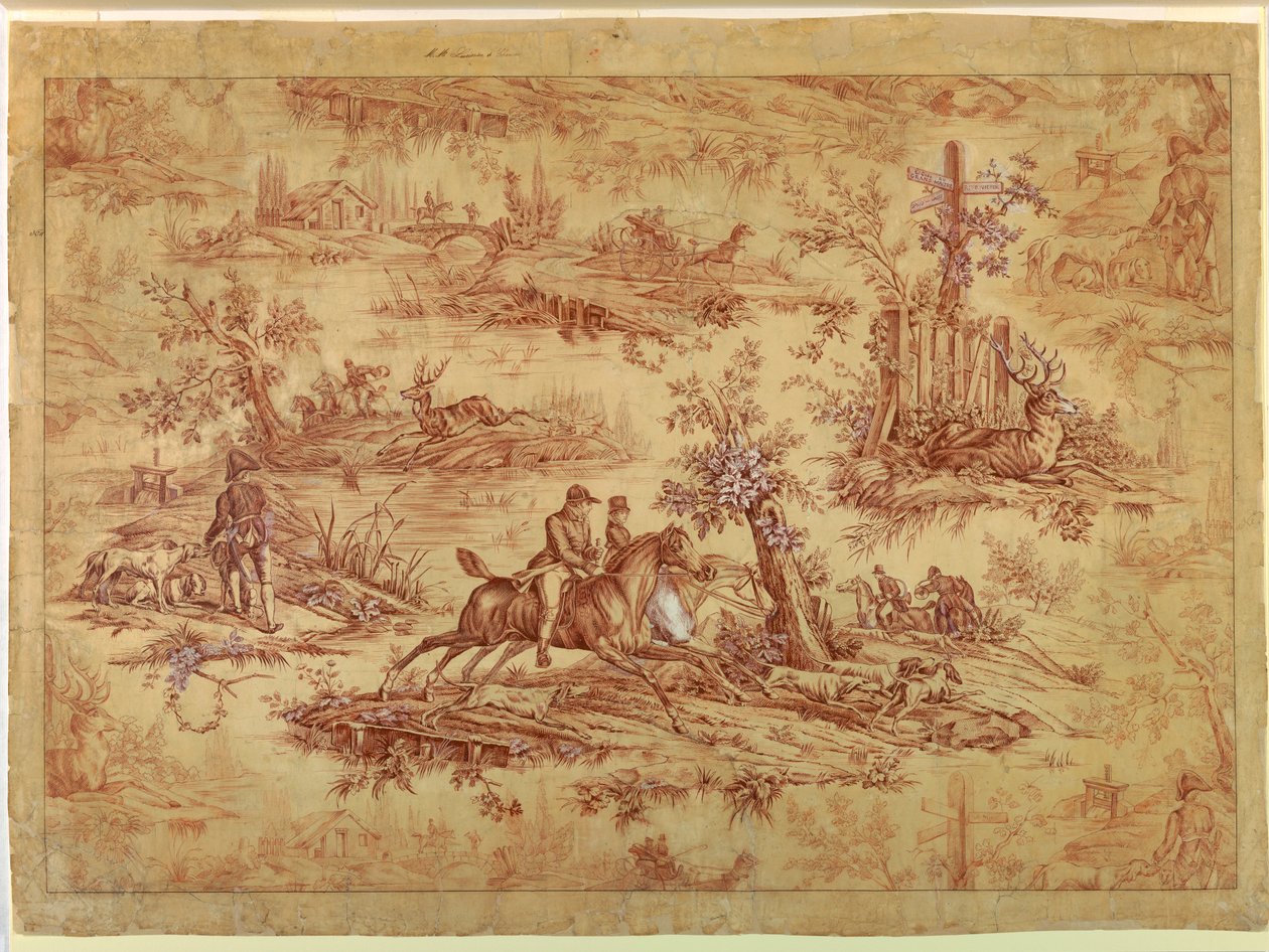Rysunek, rysunek na tkaninie bawełnianej z nadrukiem, La Route de Jouy, po 1815 r. autorstwa Unknown artistUnknown artist