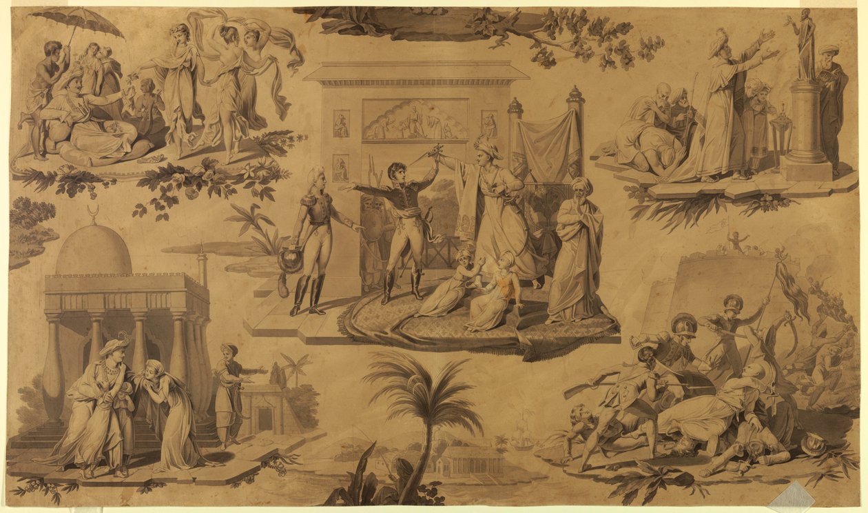 Rysunek, karykatura dla drukowanej tkaniny bawełnianej: Francuzi w Egipcie [Les Francais en Egypte], ok. 1815 r. autorstwa Unknown artistUnknown artist