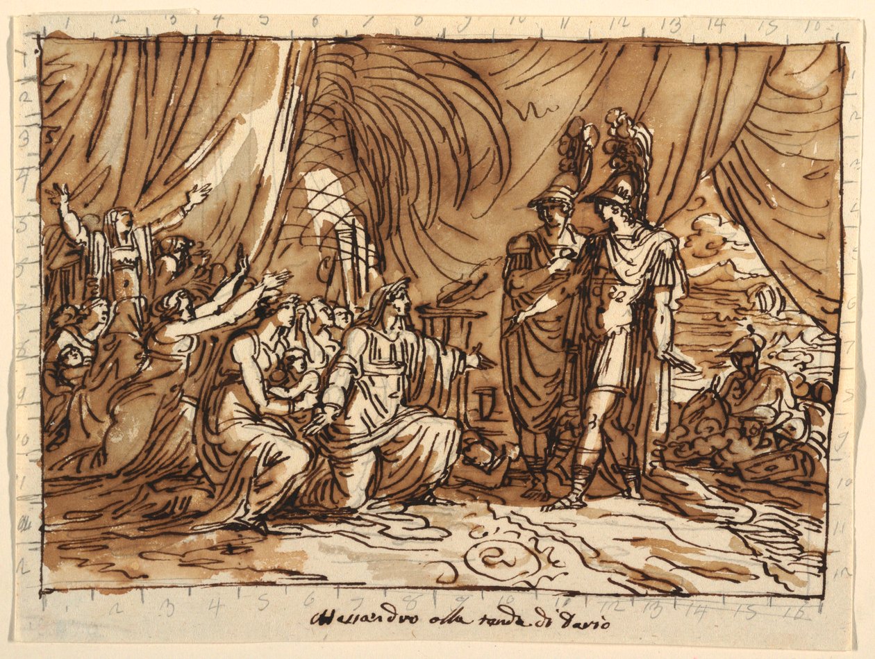 Rysunek, projekt sufitu, Aleksander i rodzina Dariusza, Łaskawość Aleksandra, Sala di Alessandro, Palazzo Naldi, Faenza, 1803 r. autorstwa Unknown artistUnknown artist