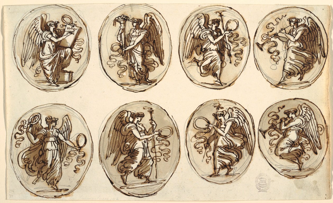 Rysunek, projekt sufitu, historia, obfitość w sześciu owalach, Sala Herkulesa i Hebe, Palazzo Gessi, Faenza, 1813 r. autorstwa Unknown artistUnknown artist