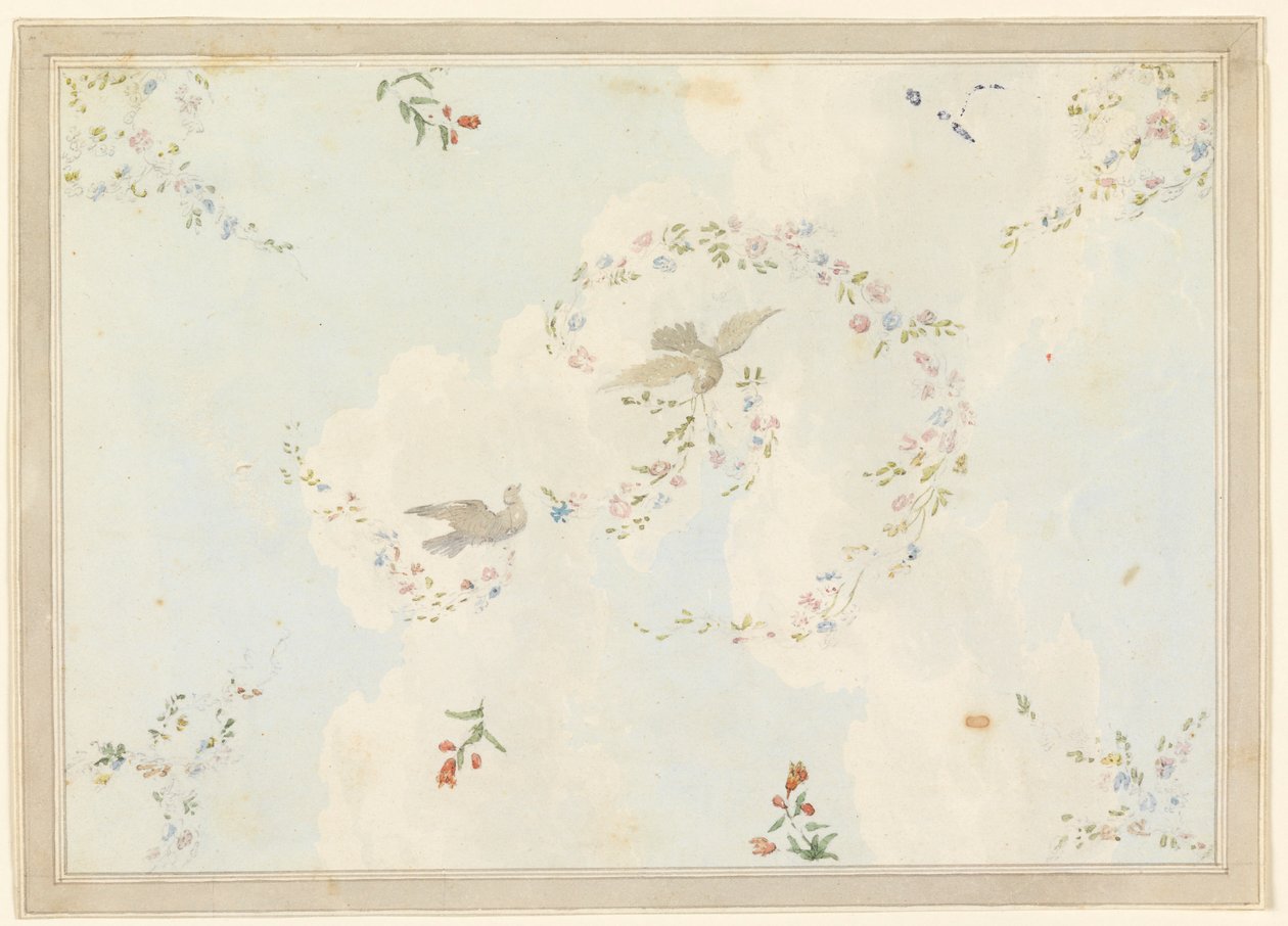 Rysunek przedstawiający sufit z gołębiami i girlandami kwiatowymi, prawdopodobnie do holu wejściowego, 1815-22 autorstwa Unknown artistUnknown artist