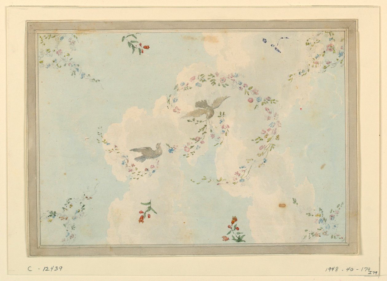 Rysunek przedstawiający sufit z gołębiami i girlandami kwiatowymi, prawdopodobnie do holu wejściowego, 1815-22 autorstwa Unknown artistUnknown artist