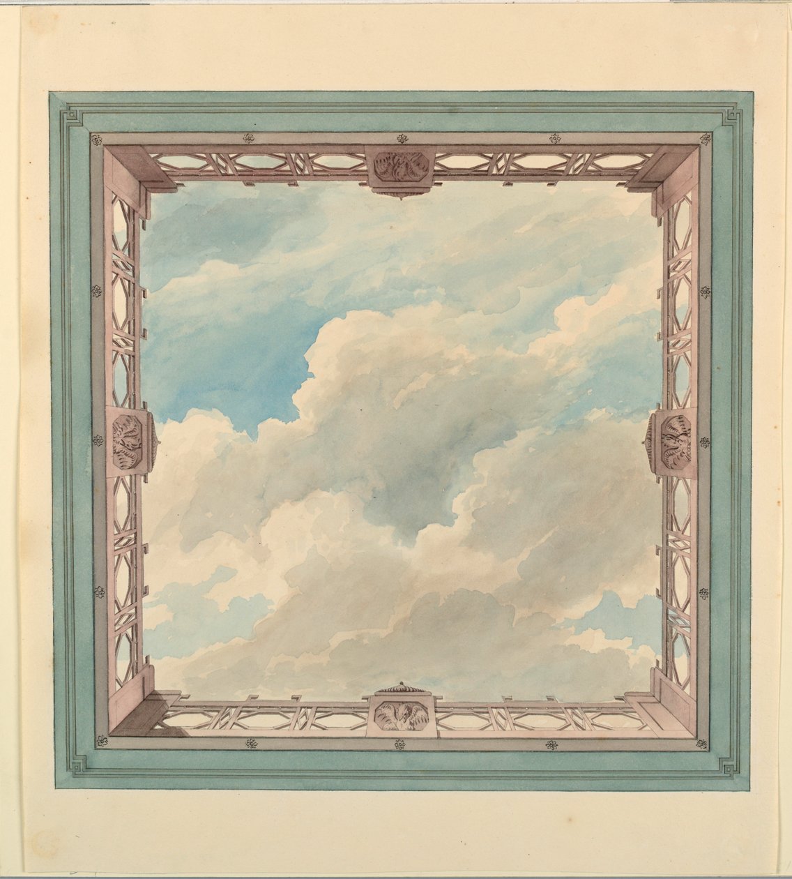 Rysunek, projekt sufitu z frezowanym balkonem i otwartym niebem, prawdopodobnie do oranżerii/pokoju muzycznego lub jadalni, ok. 1820 r. autorstwa Unknown artistUnknown artist