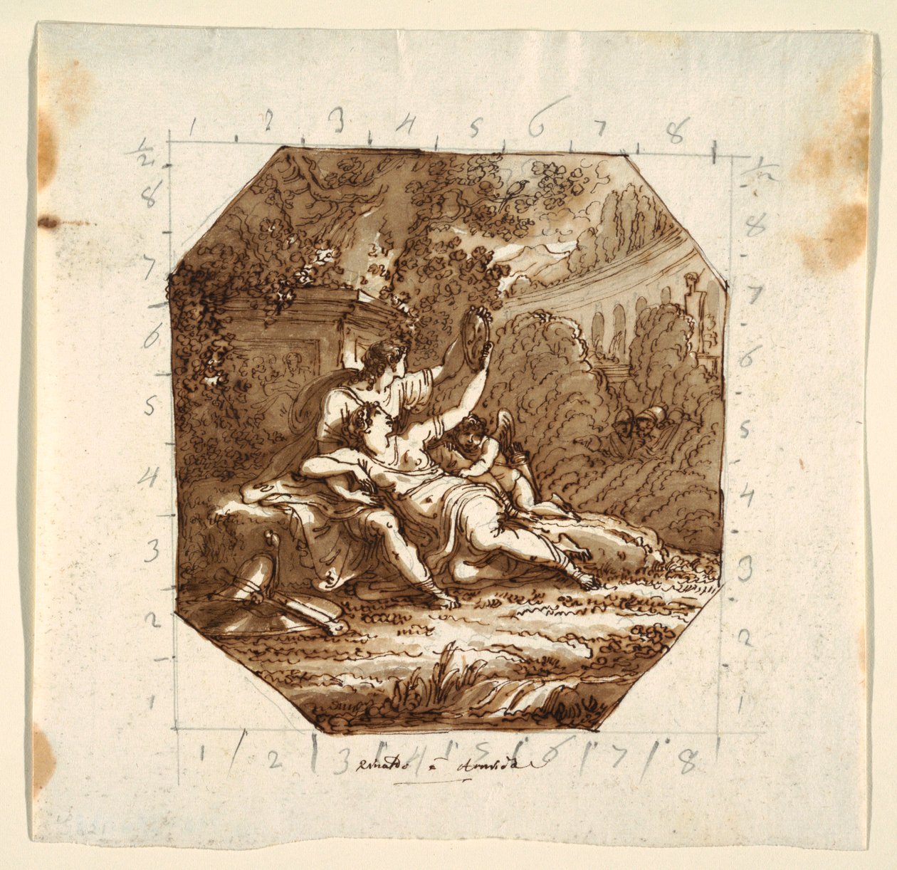Rysunek, Projekt sufitu z Rinaldem i Armidą, Palazzo Milzetti, Faenza, 1804-05 autorstwa Unknown artistUnknown artist