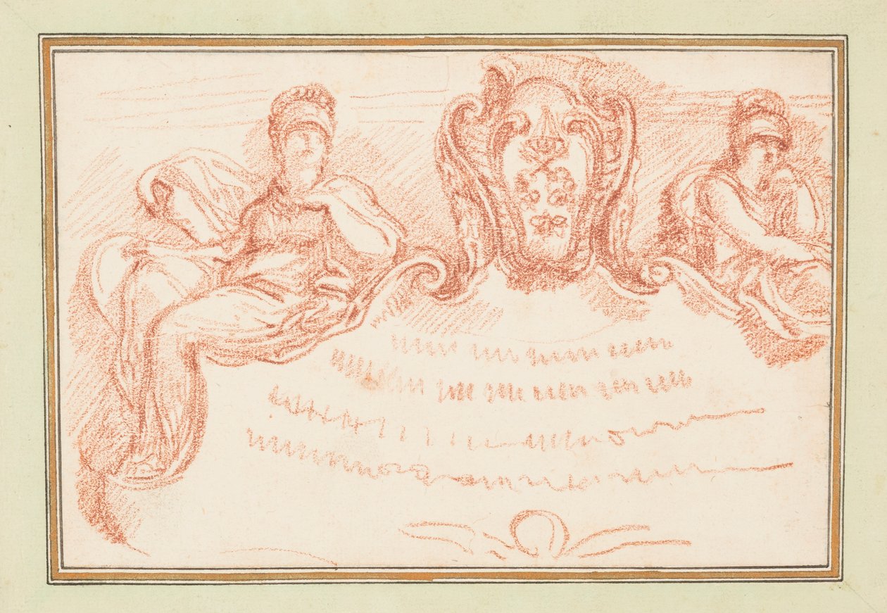 Rysunek, detal sufitu z dwiema siedzącymi postaciami i szyldem, ok. 1759-70 autorstwa Unknown artistUnknown artist