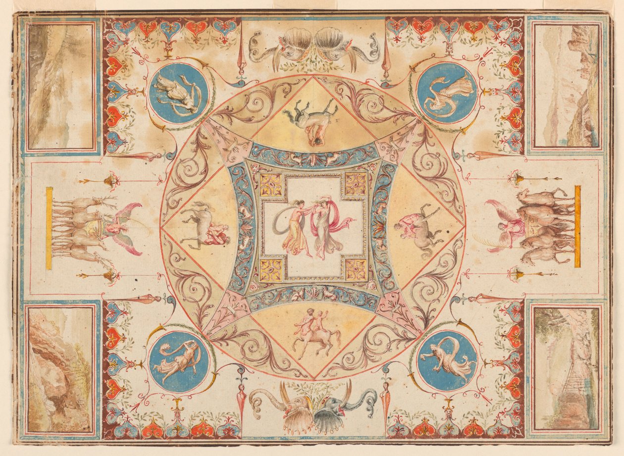 Rysunek przedstawiający sufit w willi Hadriana z nimfami, centaurami, jeleniami i słoniami, ok. 1785 r. autorstwa Unknown artistUnknown artist