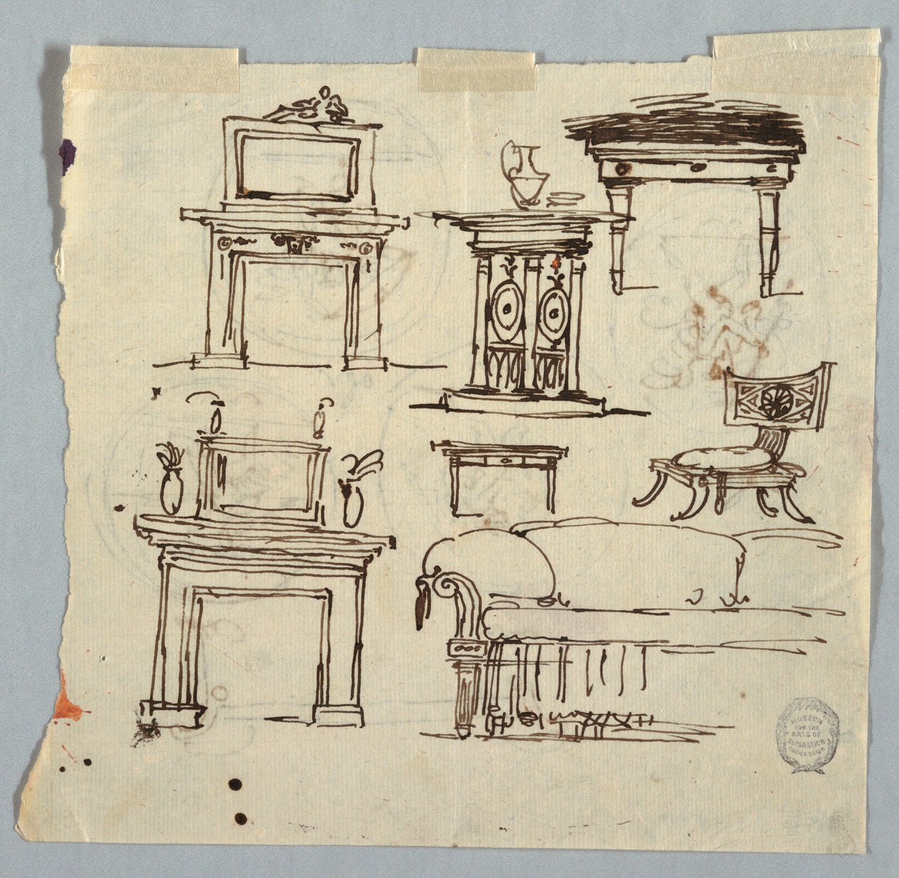 Rysunek, elementy komina, meble i medalion sufitowy, 1790-1810 autorstwa Unknown artistUnknown artist