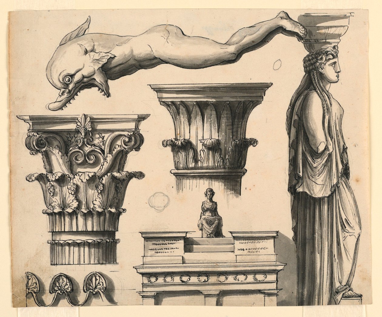 Rysunek, klasyczne i pseudoklasyczne detale architektoniczne, ok. 1840 r. autorstwa Unknown artistUnknown artist