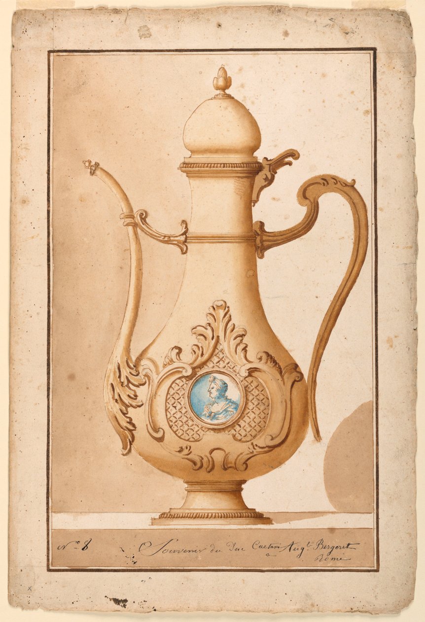 Rysunek, dzbanek do kawy z emaliowanym medalionem, 1700-1725 autorstwa Unknown artistUnknown artist
