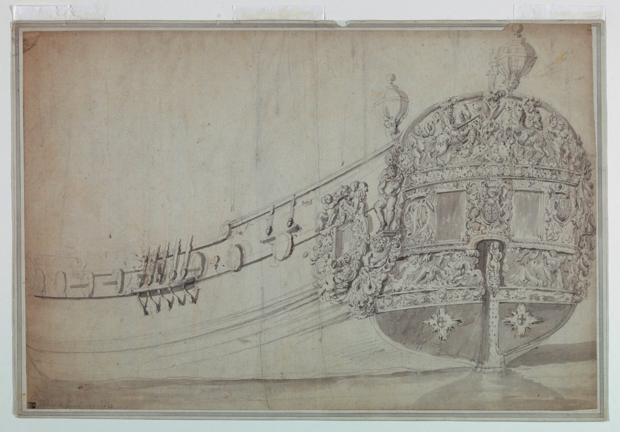 Rysunek przedstawiający dekorację rufy statku, ok. 1705 r. autorstwa Unknown artistUnknown artist