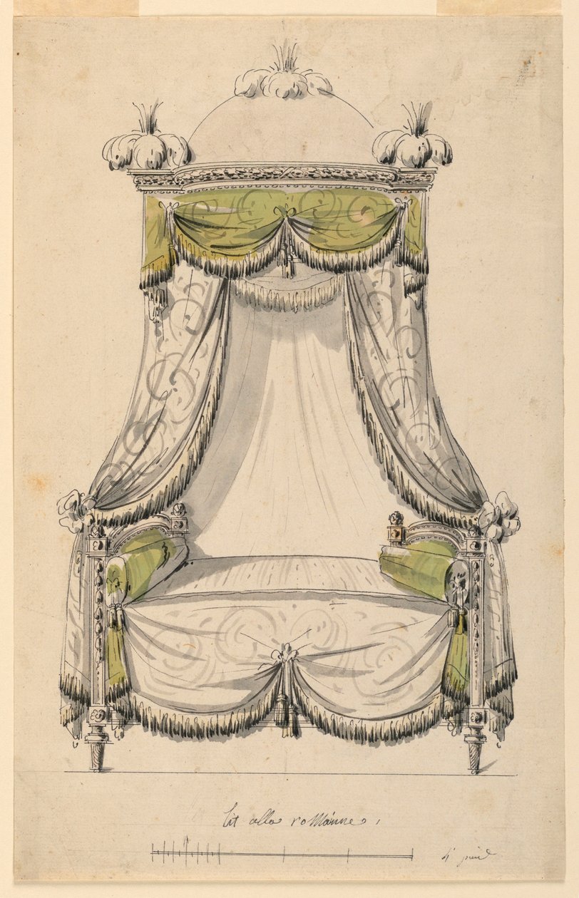 Rysunek, projekt łóżka w stylu rzymskim, 1780 r. autorstwa Unknown artistUnknown artist