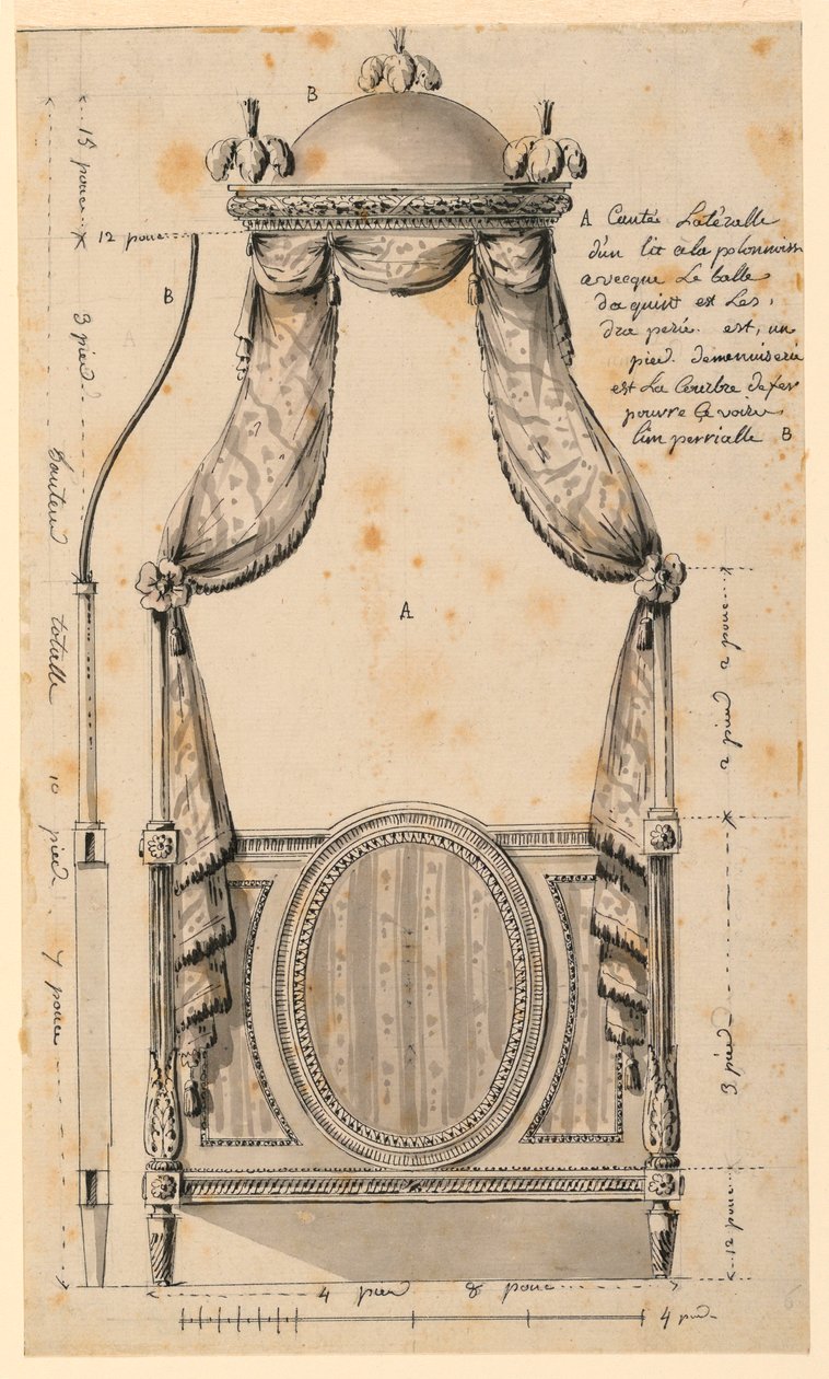Rysunek, projekt łóżka w stylu polskim, 1780 r. autorstwa Unknown artistUnknown artist
