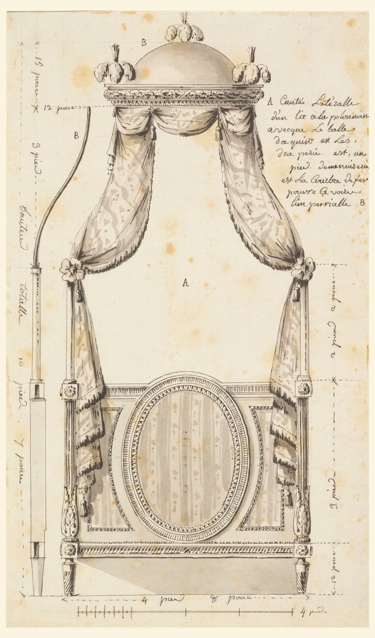Rysunek, projekt łóżka w stylu polskim, 1780 r. autorstwa Unknown artistUnknown artist