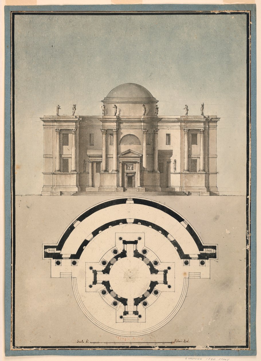 Rysunek przedstawiający klasyczną świątynię z Tempietto i półokrągłą Aedicule, ok. 1780 r. autorstwa Unknown artistUnknown artist