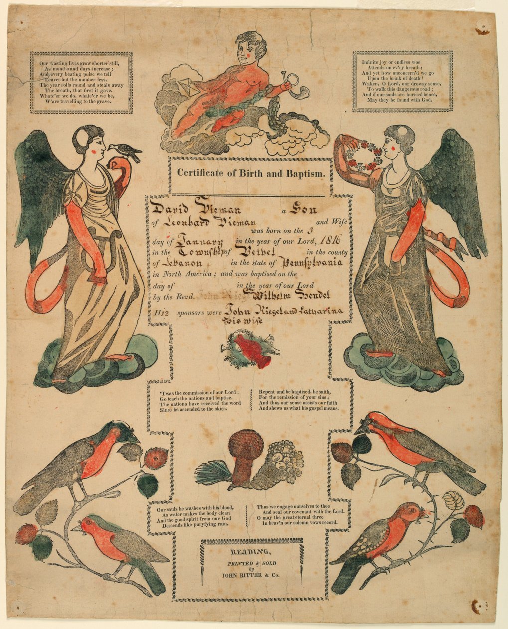 Fraktur, świadectwo chrztu [akt urodzenia], 1816 r. autorstwa Unknown artistUnknown artist