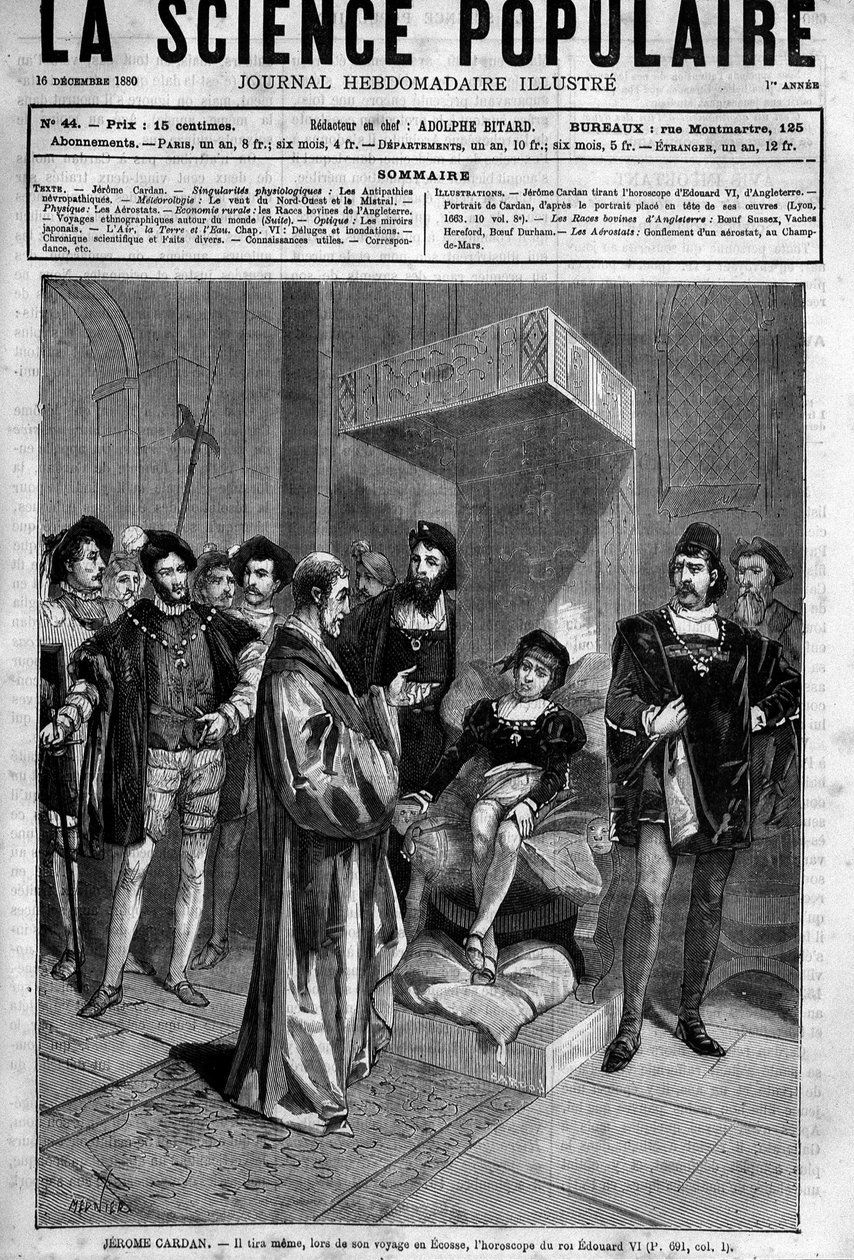(Cardanus Hieronymus) Gerolamo Cardano (Jerome Cardan), włoski lekarz, matematyk i filozof (1501-1576), przedstawiający horoskop króla Anglii Edwarda VI. w „Popularna nauka”, 16 grudnia autorstwa Unknown artist