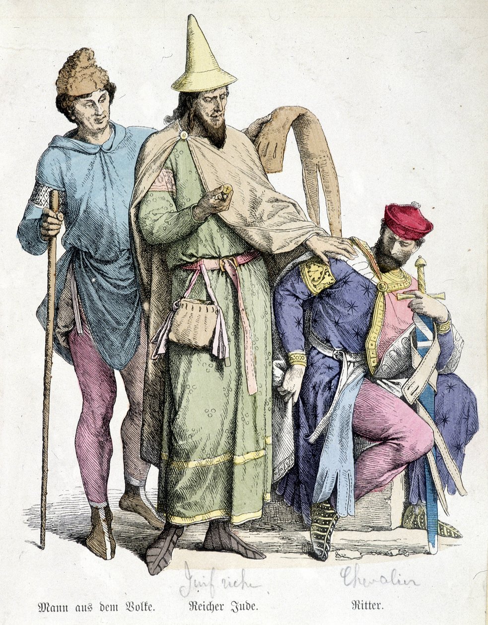 Stroje z XI wieku: człowiek z kijem, bogaty Żyd i rycerz. Rycina XIX wieku. autorstwa Unknown artist