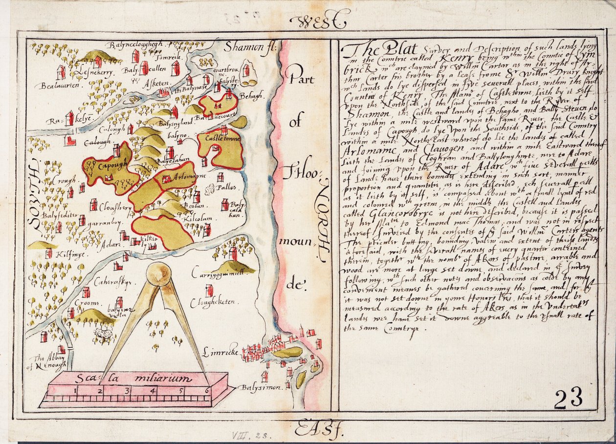 XVI-wieczna mapa hrabstwa Limerick, Irlandia, ok. 1588 r. (papier, płótno) autorstwa Unknown artist