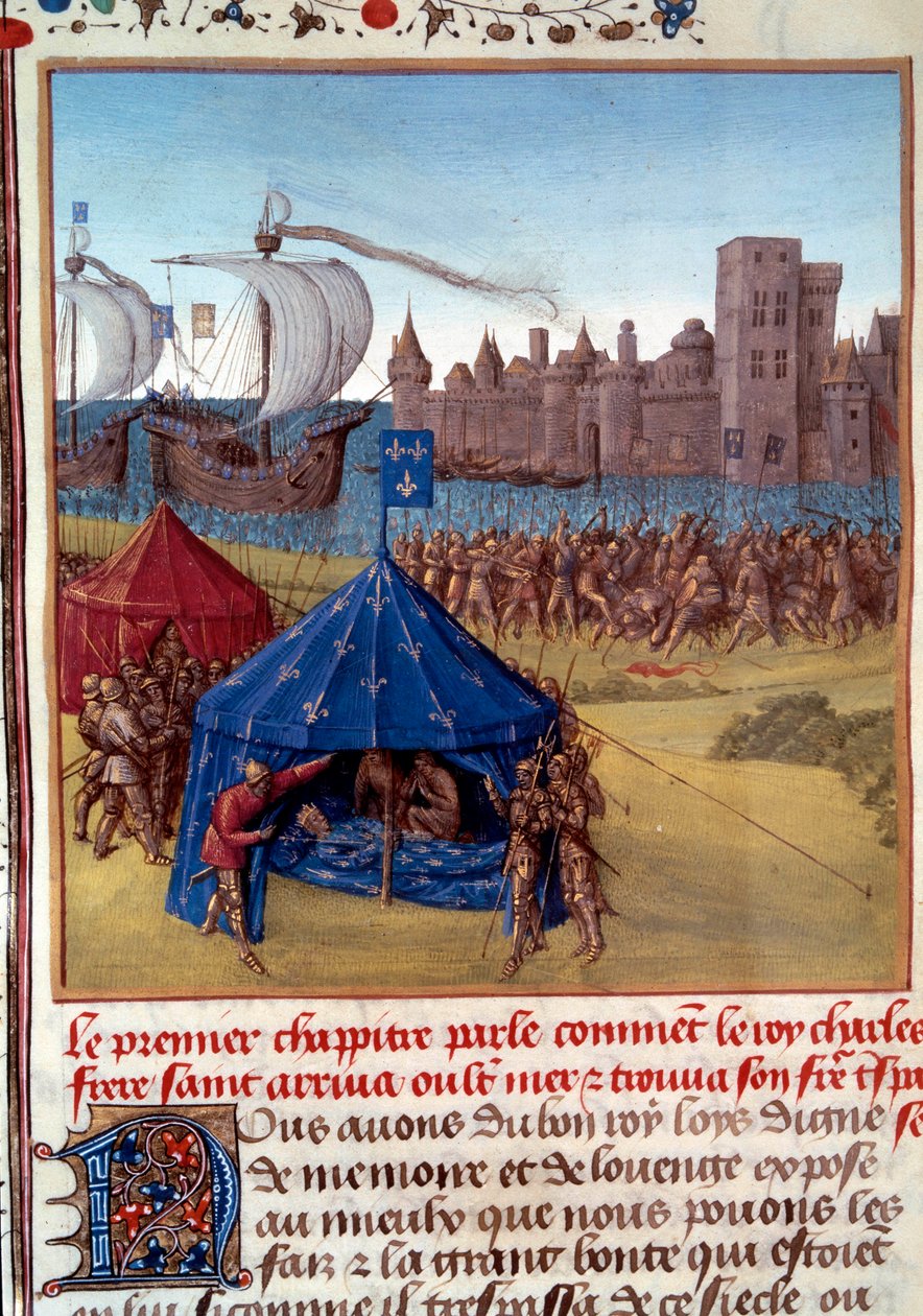 8. Krucjata: Śmierć św. Ludwika (Ludwika IX) (1214/1215-1270) z powodu zarazy w Tunisie. Miniatura zaczerpnięta z „”Le livre des faits de Monseigneur Saint Louis””” XV-wieczny Paryż, B.N. autorstwa Unknown artist